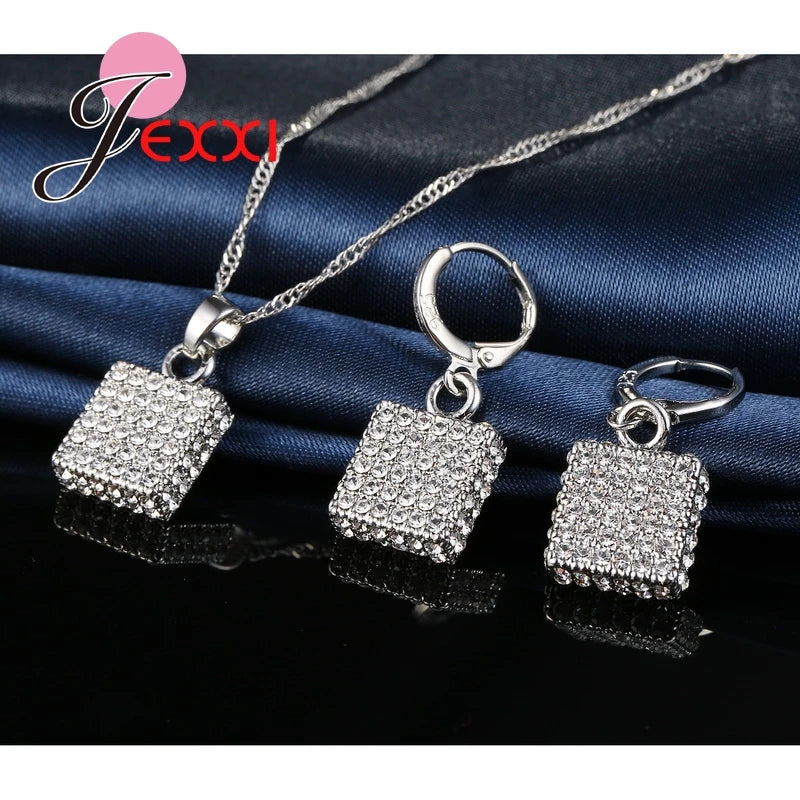 Female Elegant Wedding Brinco Set Zircon Crystal Square Simple Design Pendant 925 Sterling Silver Jewelry Sets For Women Girls