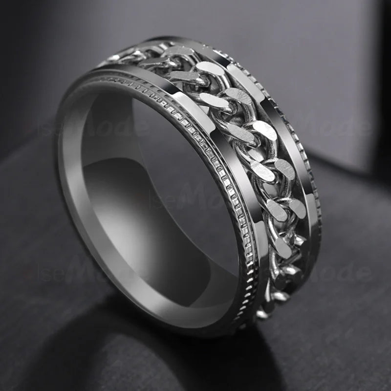 Freeteeme Cool Rotatable Chain Men Ring Stainless Steel High Quality Spinner Roman Numerals Punk Women Ring Jewelry Party Gift