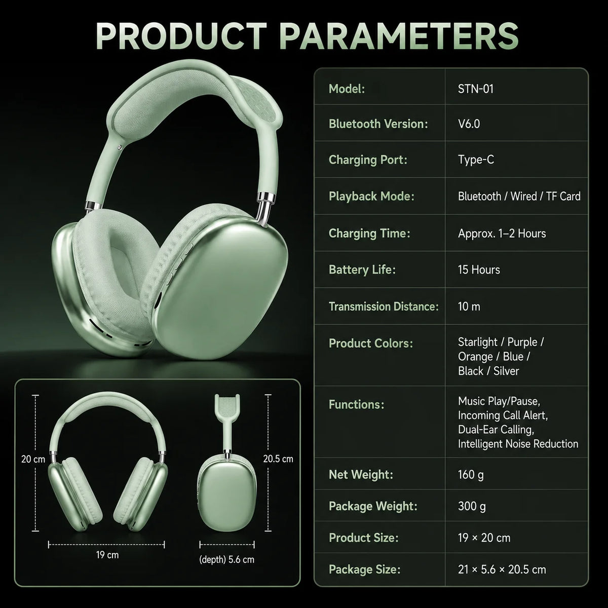Wireless Headphones ANC Bluetooth 6.0 Over-Ear 40mm Driver Type-C Fast Charging 15H Playtime 3D Stereo TF Card Hi-Fi Headset