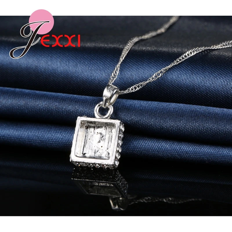 Female Elegant Wedding Brinco Set Zircon Crystal Square Simple Design Pendant 925 Sterling Silver Jewelry Sets For Women Girls