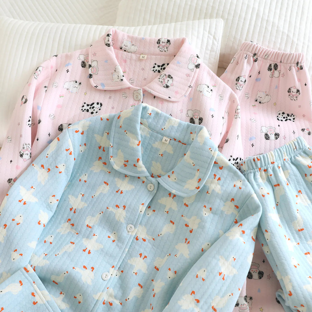 Women's Cotton Padded Air Layer Pure Cotton Home Clothes Lapel Long Sleeved Pants Sleepwear Autumn and Winter New Women Clothing