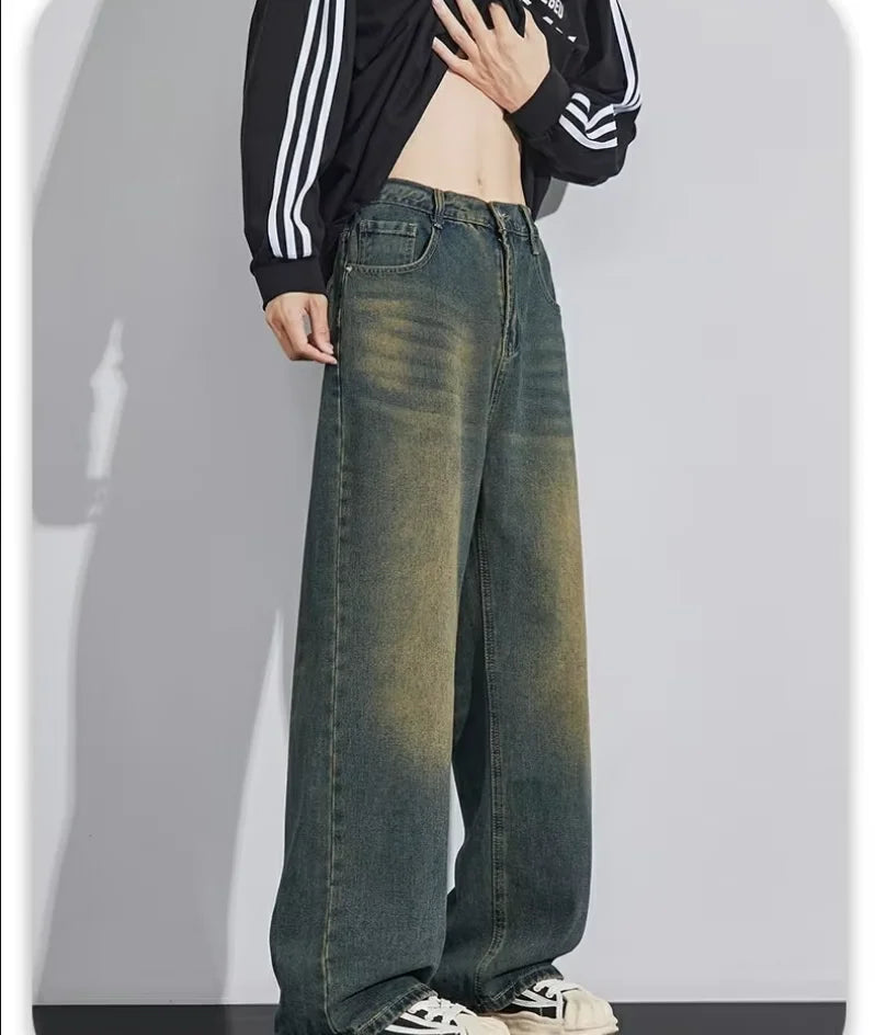 New Bent Knife Jeans for Men American Retro Washed Distressed Wide Leg Pants Four Seasons Loose Straight Leg Feelin Street Jeans