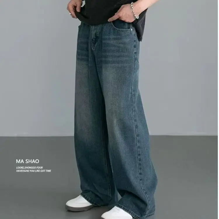 New Bent Knife Jeans for Men American Retro Washed Distressed Wide Leg Pants Four Seasons Loose Straight Leg Feelin Street Jeans