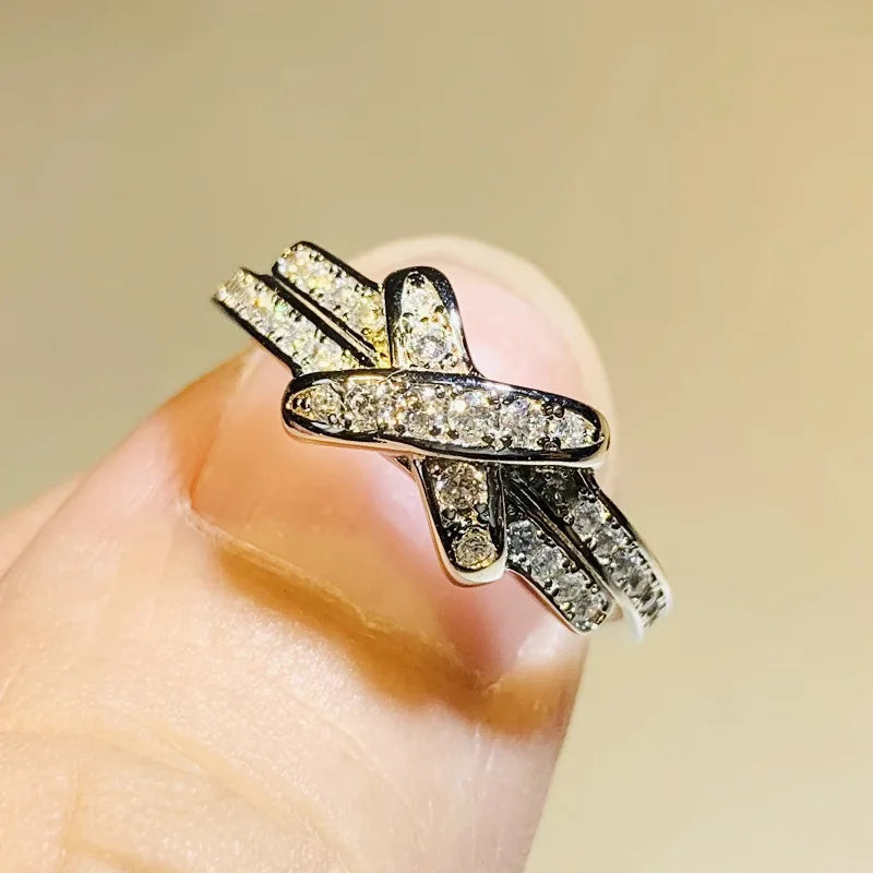 Fashion Female Rings 925 Sterling Silver  X Cross Double Zircon Ring for Women Wedding Trendy Jewelry Dazzling CZ Stone Rings