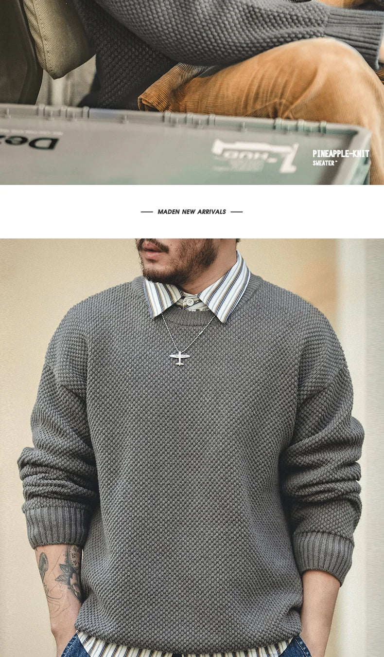 Maden Workwear Men's Vintage Heavyweight Grey Pineapple Pattern Sweater Thickened Round Neck Lazy Autumn Knit