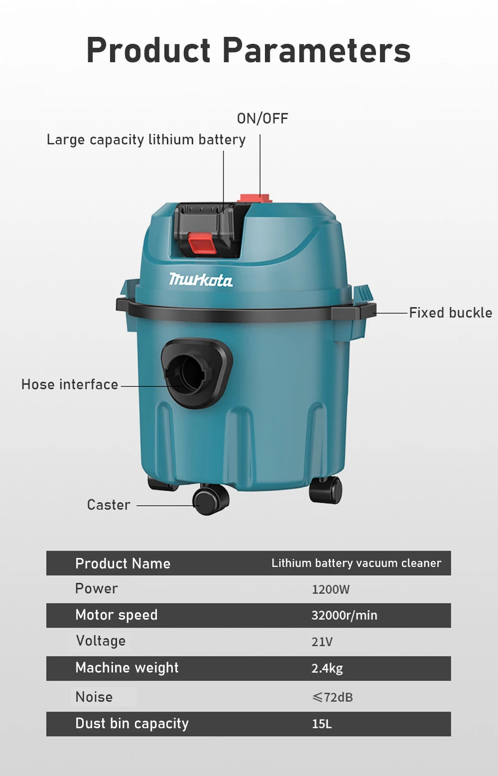 Industrial Wet Dry Vacuum Cleaner Rechargeable Cleaning Machine 15L Cordless Shop Vacuum for Job Site/Warehouse/Car Washing
