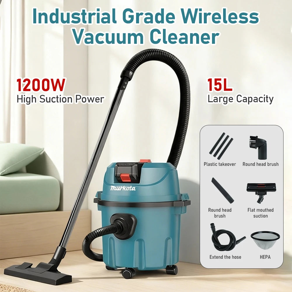 Industrial Wet Dry Vacuum Cleaner Rechargeable Cleaning Machine 15L Cordless Shop Vacuum for Job Site/Warehouse/Car Washing