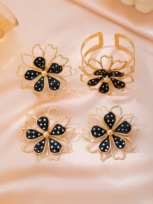 1 Set of Personalized, Exaggerated, Fashionable, and Classic Women's Fashion Jewelry Set, Including 1 Double-Layer Hollow Polka Dot Flower Open Bracelet, 1 Pair of Earrings, and 1 Ring, Suitable for Daily Wear and Parties