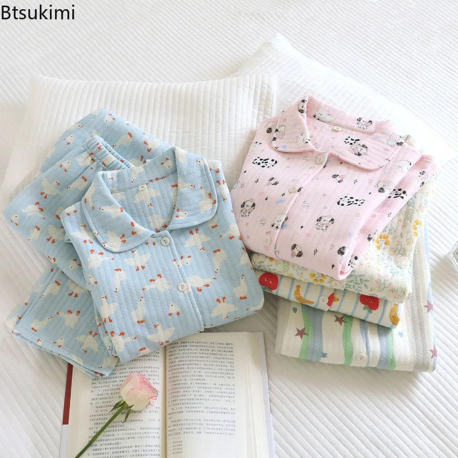 Women's Cotton Padded Air Layer Pure Cotton Home Clothes Lapel Long Sleeved Pants Sleepwear Autumn and Winter New Women Clothing
