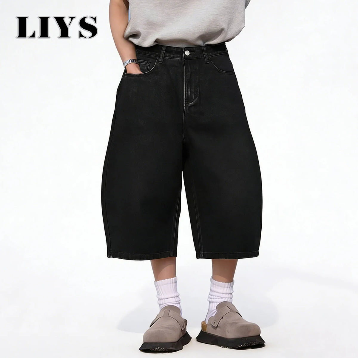 ONE·DINY American Style Retro Black Ultra Baggy Machete Wide Leg Denim Shorts Fashion Men's Women's Daily Jeans Capris Jeans