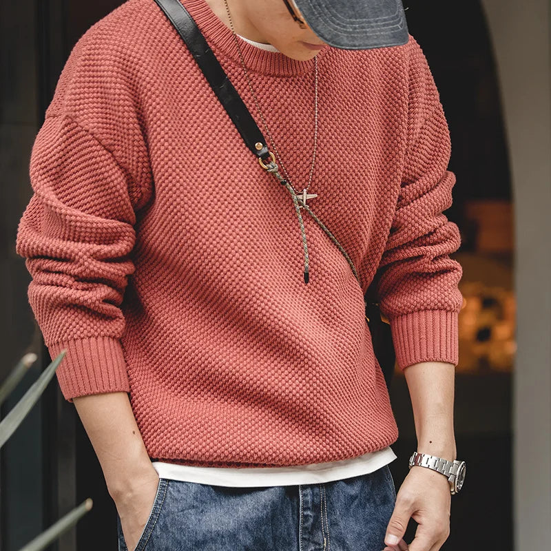 Maden Workwear Men's Vintage Heavyweight Grey Pineapple Pattern Sweater Thickened Round Neck Lazy Autumn Knit
