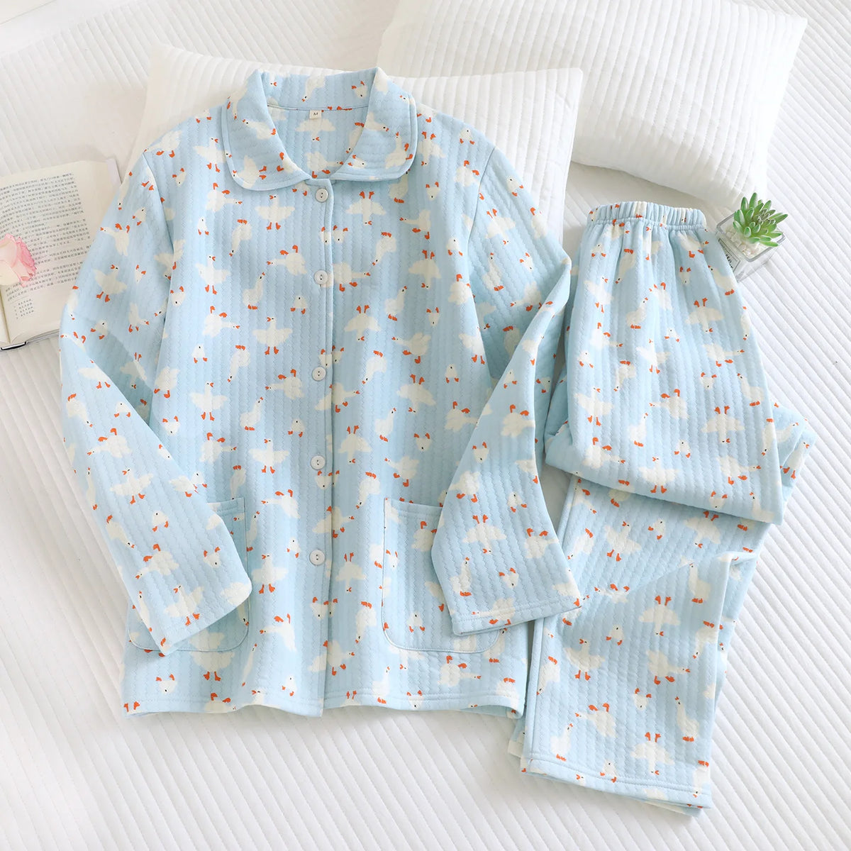 Women's Cotton Padded Air Layer Pure Cotton Home Clothes Lapel Long Sleeved Pants Sleepwear Autumn and Winter New Women Clothing