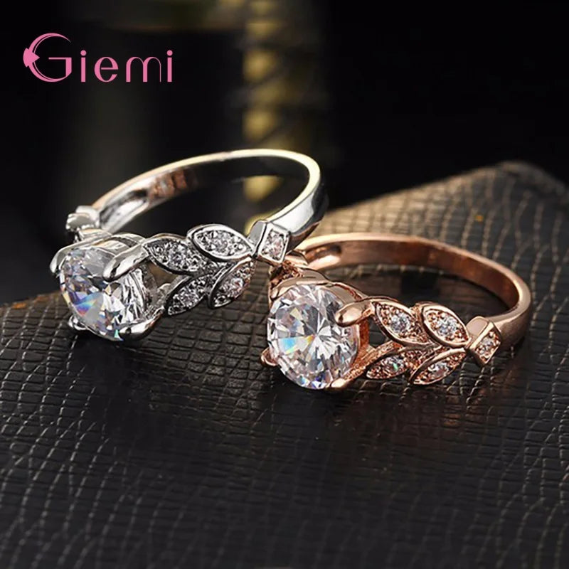 925 Sterling Silver Female Jewelry Charming Elegant Sparkling Crystals Leaf Shape Rings For Women Girl Wife Gifts Wholesale