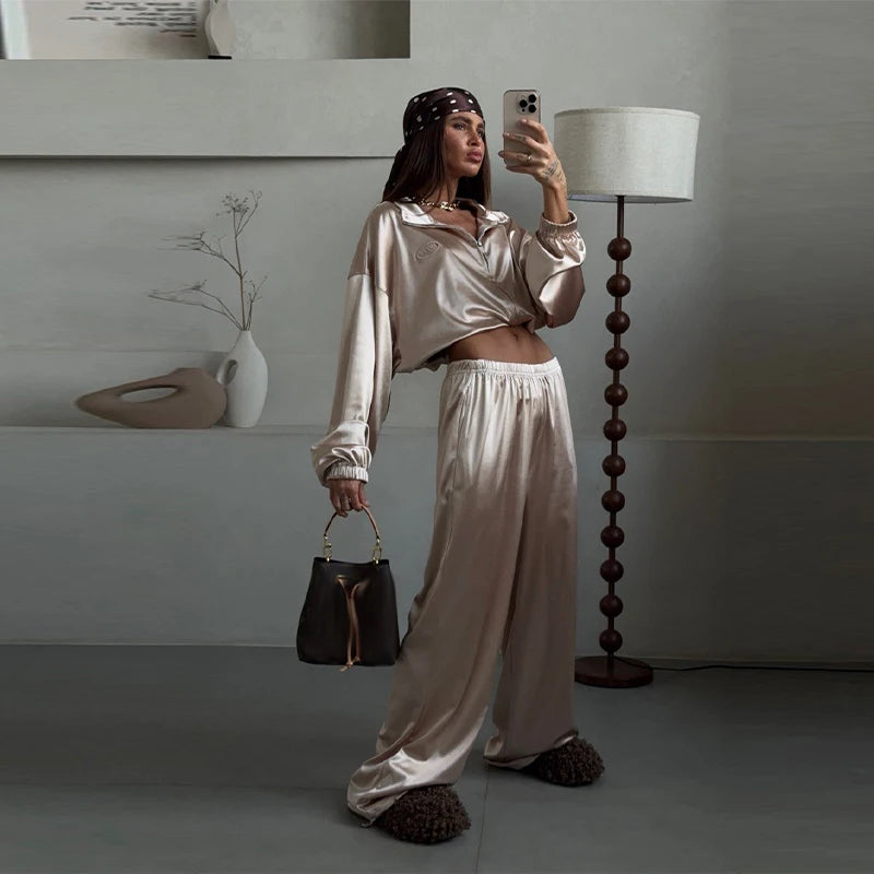 Casual Two-piece Women's Clothing 2026 Spring and Summer New Fashion Trend Lapel Loose Sweatshirt Jacket Wide-leg Pants Sports