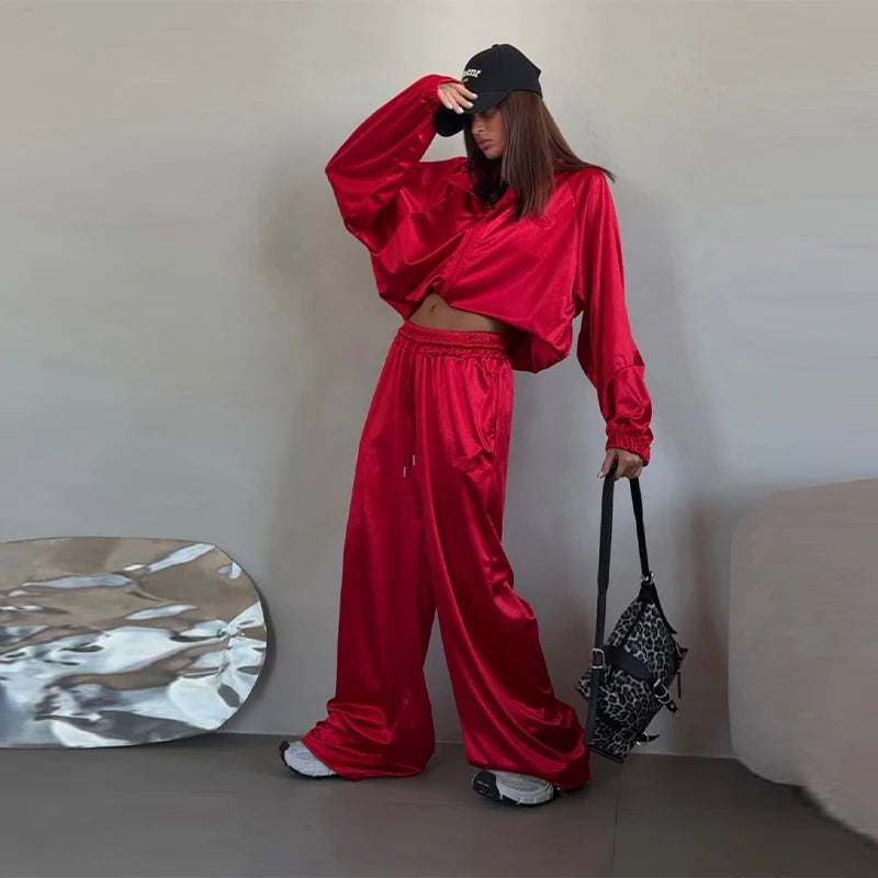 Casual Two-piece Women's Clothing 2026 Spring and Summer New Fashion Trend Lapel Loose Sweatshirt Jacket Wide-leg Pants Sports