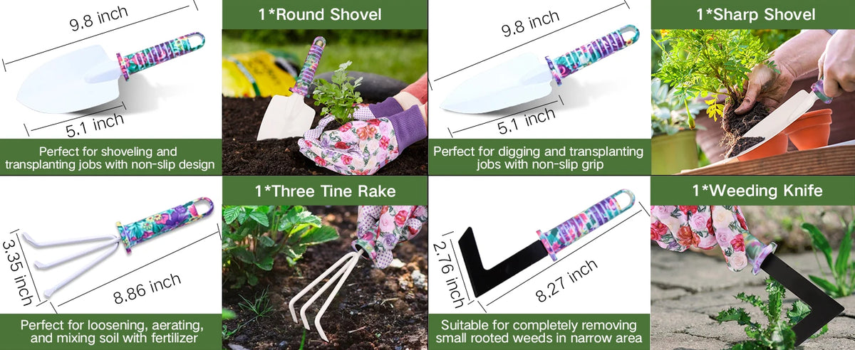 5/10 Pcs Gardening Tools Set with Carrying Case and Floral Print Ergonomic Handle Trowel Rake Weeder Pruner Shears Sprayer Gifts