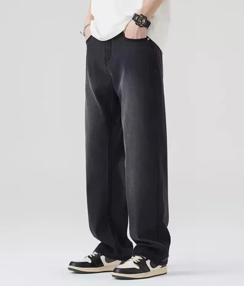 New Bent Knife Jeans for Men American Retro Washed Distressed Wide Leg Pants Four Seasons Loose Straight Leg Feelin Street Jeans