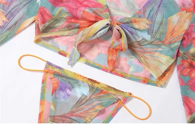 Bikini Sexy Hot Girl V-neck Chest Tied with Floral Mesh Ultra-thin T-shirt+triangle Pants Wrapped Buttocks Skirt Beach Vacation