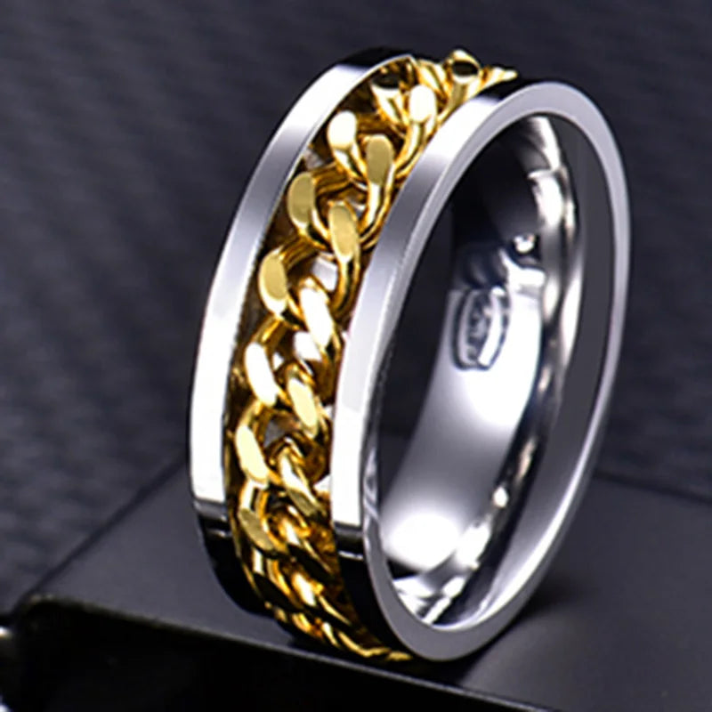Freeteeme Cool Rotatable Chain Men Ring Stainless Steel High Quality Spinner Roman Numerals Punk Women Ring Jewelry Party Gift