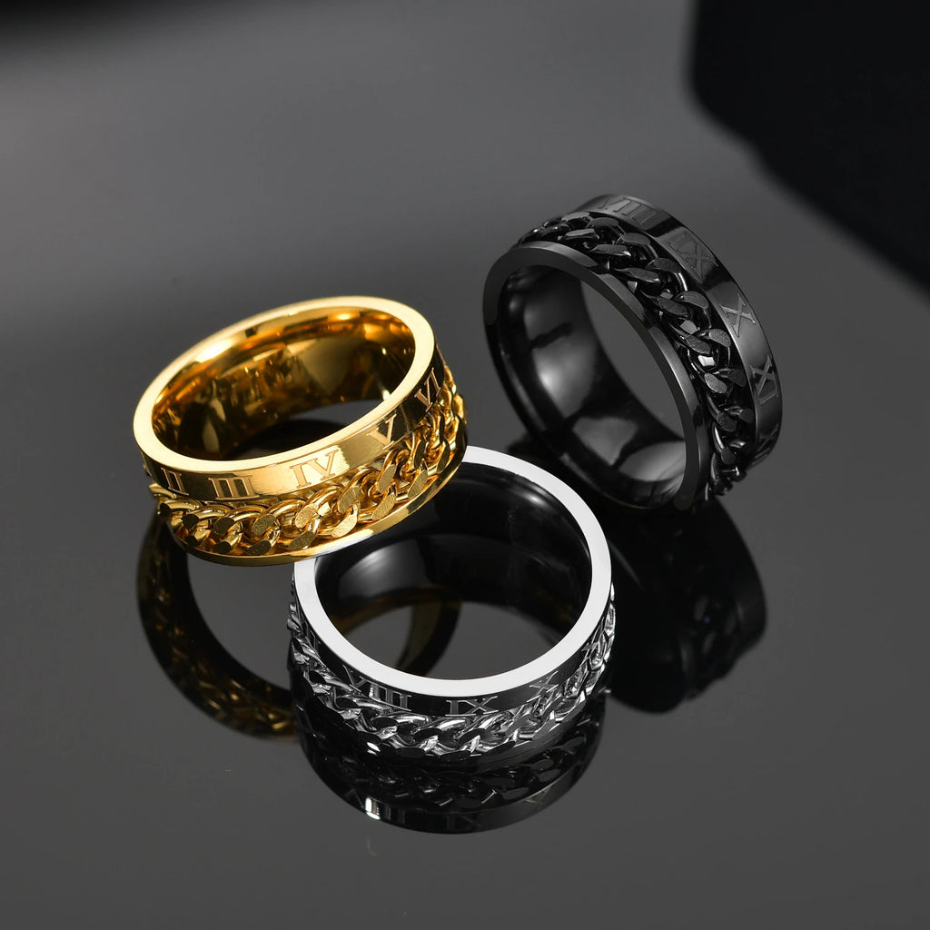 Freeteeme Cool Rotatable Chain Men Ring Stainless Steel High Quality Spinner Roman Numerals Punk Women Ring Jewelry Party Gift