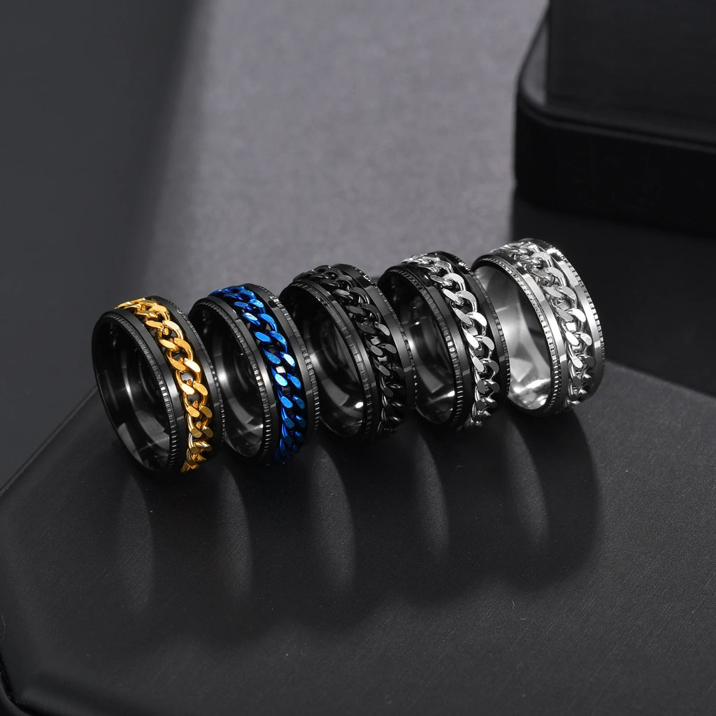 Freeteeme Cool Rotatable Chain Men Ring Stainless Steel High Quality Spinner Roman Numerals Punk Women Ring Jewelry Party Gift