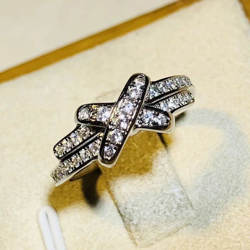 Fashion Female Rings 925 Sterling Silver  X Cross Double Zircon Ring for Women Wedding Trendy Jewelry Dazzling CZ Stone Rings