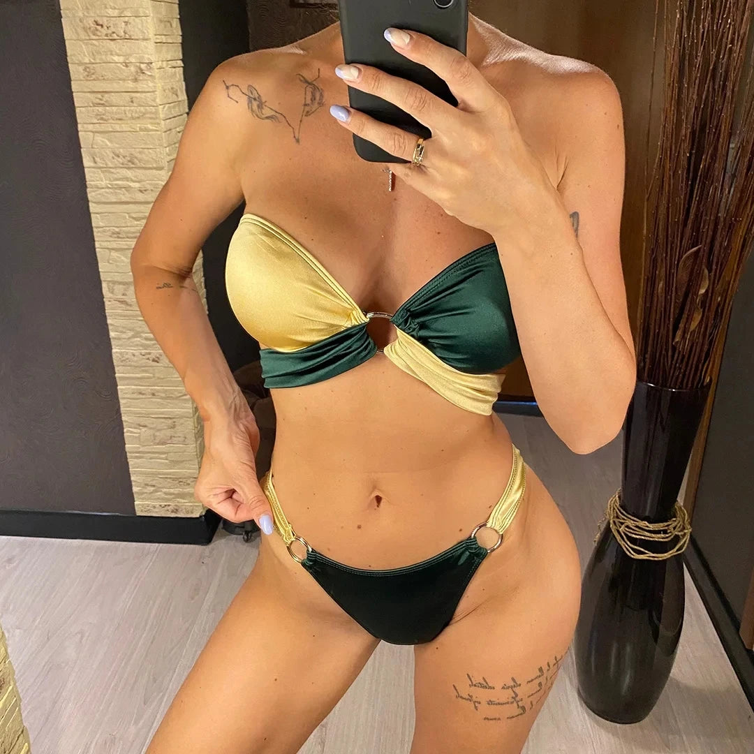 Bikinis 2025 Woman Sexy Splicing Strapless Bandeau Bikini Female Swimsuit Women Swimwear Two-pieces Bikini Set Bathing Suit