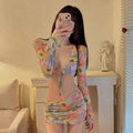 Bikini Sexy Hot Girl V-neck Chest Tied with Floral Mesh Ultra-thin T-shirt+triangle Pants Wrapped Buttocks Skirt Beach Vacation