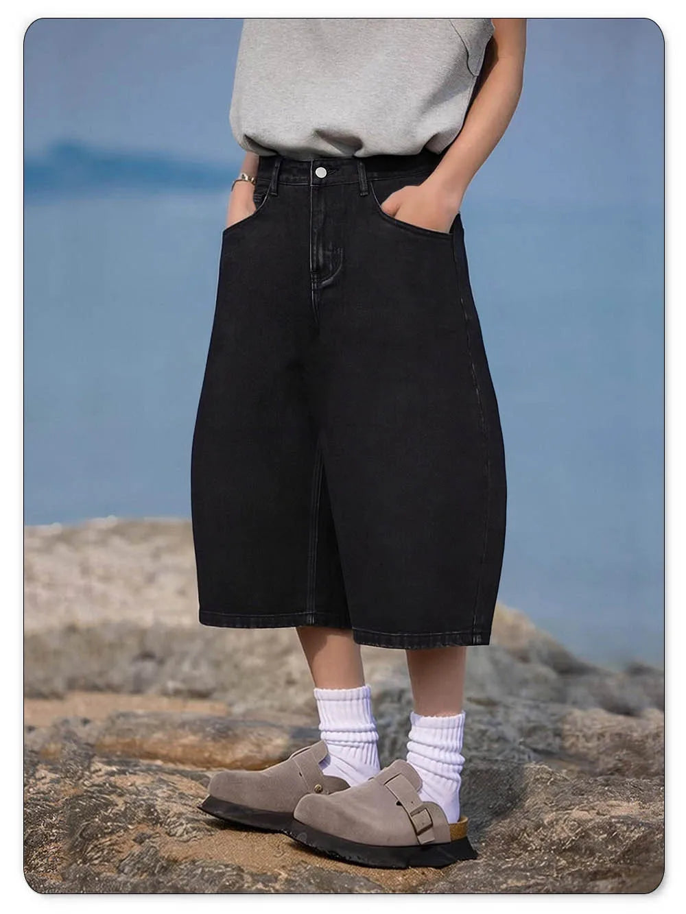 ONE·DINY American Style Retro Black Ultra Baggy Machete Wide Leg Denim Shorts Fashion Men's Women's Daily Jeans Capris Jeans