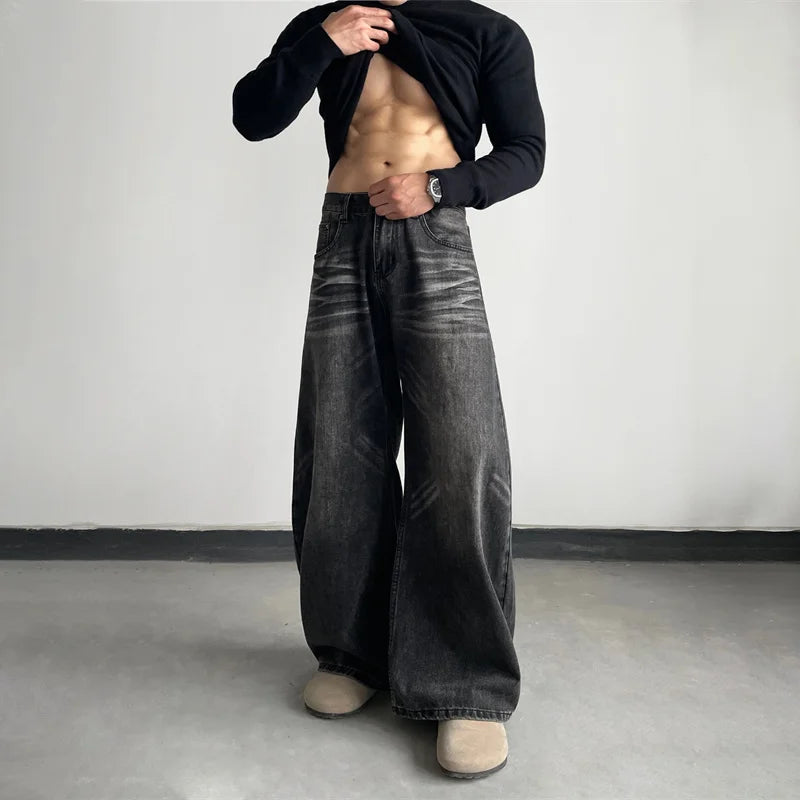 2026 Retro Streetwear Wide-Leg Jeans For Men Autumn Y2K Vintage Casual Denim Pants Man's Punk Fashion Washed Baggy Jean Trousers