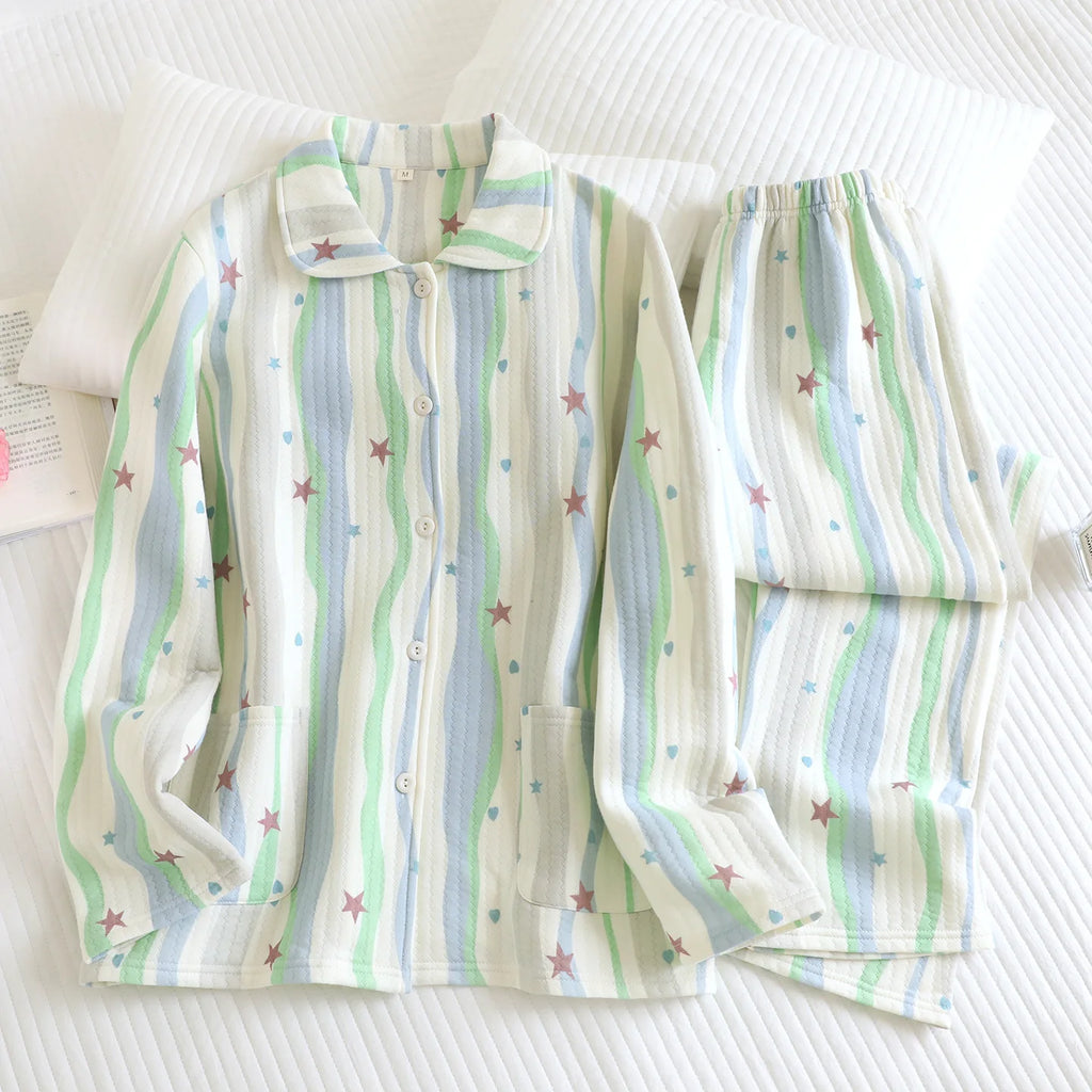 Women's Cotton Padded Air Layer Pure Cotton Home Clothes Lapel Long Sleeved Pants Sleepwear Autumn and Winter New Women Clothing
