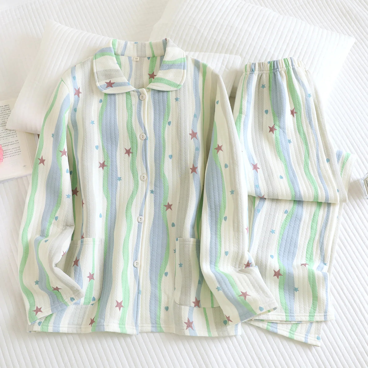 Women's Cotton Padded Air Layer Pure Cotton Home Clothes Lapel Long Sleeved Pants Sleepwear Autumn and Winter New Women Clothing