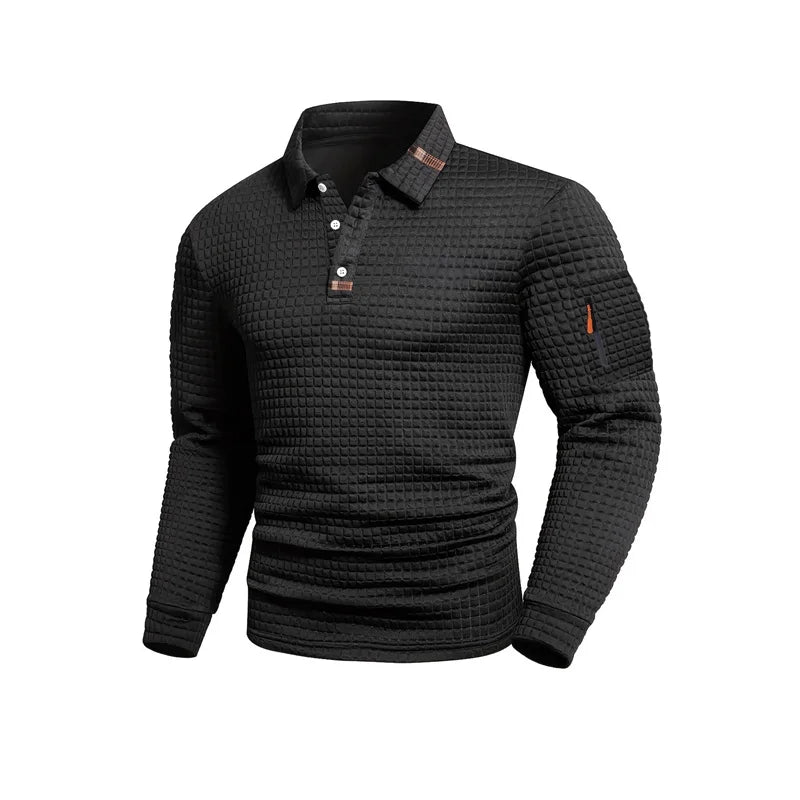 Men's long-sleeved polo shirt, available in 5 colors, suitable for spring and autumn. White collar, button design, zipper detail