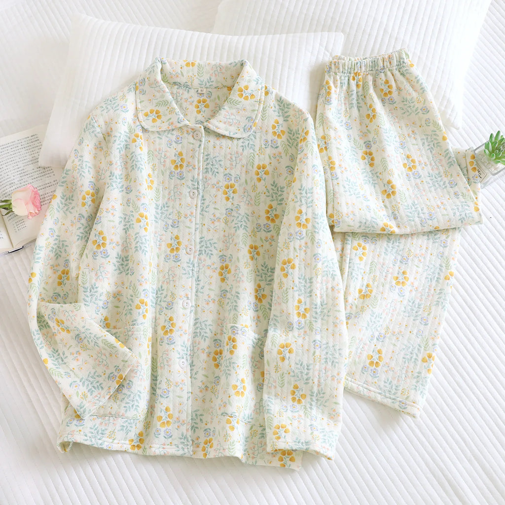 Women's Cotton Padded Air Layer Pure Cotton Home Clothes Lapel Long Sleeved Pants Sleepwear Autumn and Winter New Women Clothing