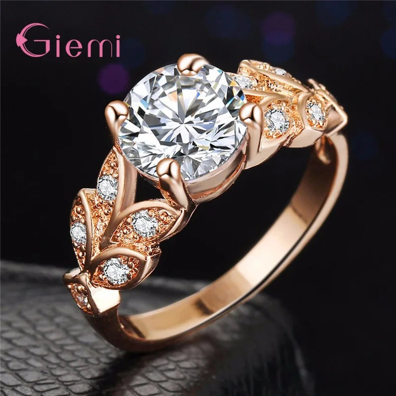 925 Sterling Silver Female Jewelry Charming Elegant Sparkling Crystals Leaf Shape Rings For Women Girl Wife Gifts Wholesale
