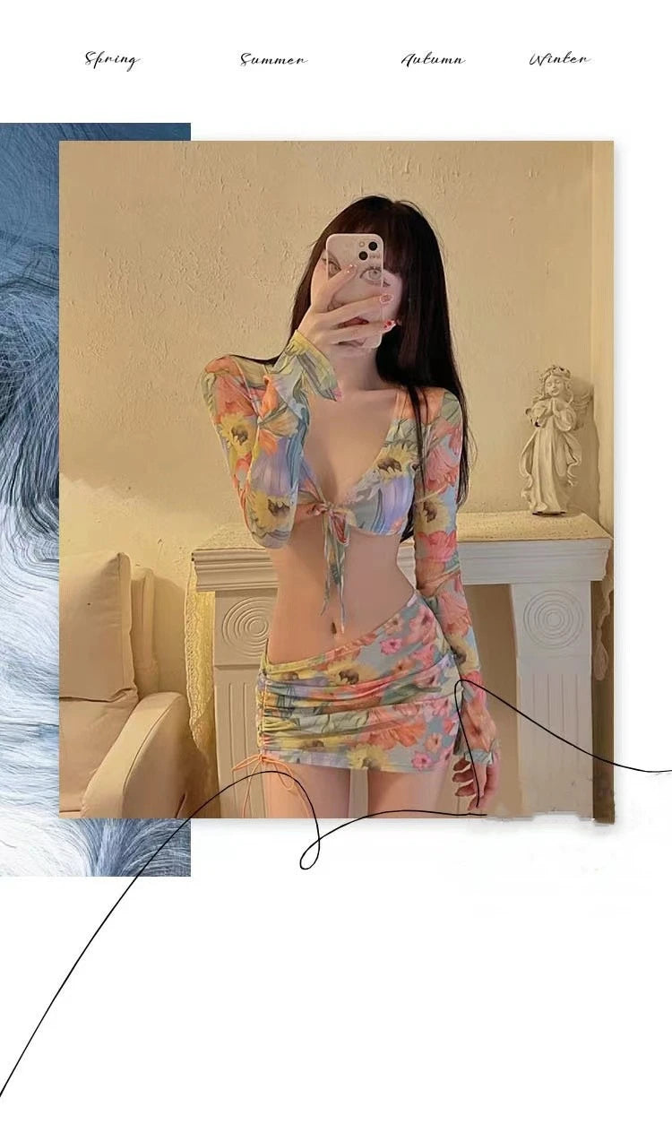 Bikini Sexy Hot Girl V-neck Chest Tied with Floral Mesh Ultra-thin T-shirt+triangle Pants Wrapped Buttocks Skirt Beach Vacation