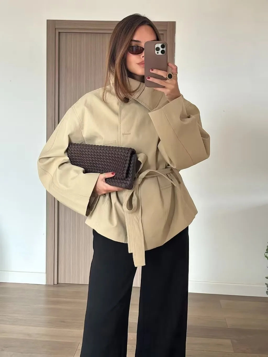 Cross-border European and American Women's Clothing  Popular Spring and Autumn Fashion Temperament Casual with Belt Trench Coat