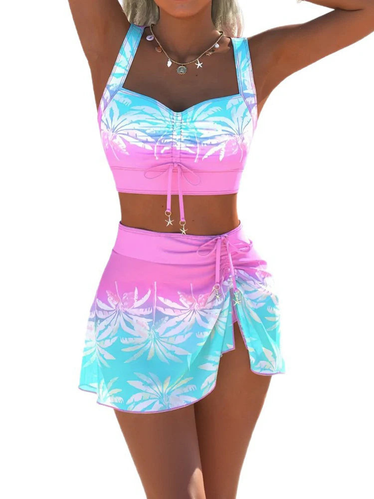 Bikini Set For Women Gradient Print Three-piece Swimwear Fashion Drawstring Lace Up Bathing Suit Summer Split Swimsuit