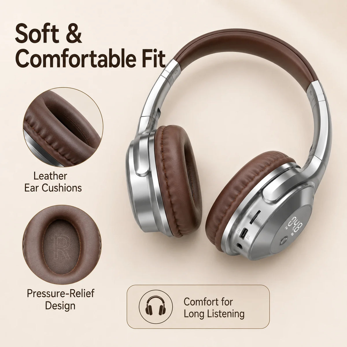 Headphones Exam FM Radio Bluetooth 6.0 Over-Ear Headset 12H Playtime LED Display TF Card AUX Type-C for English Listening