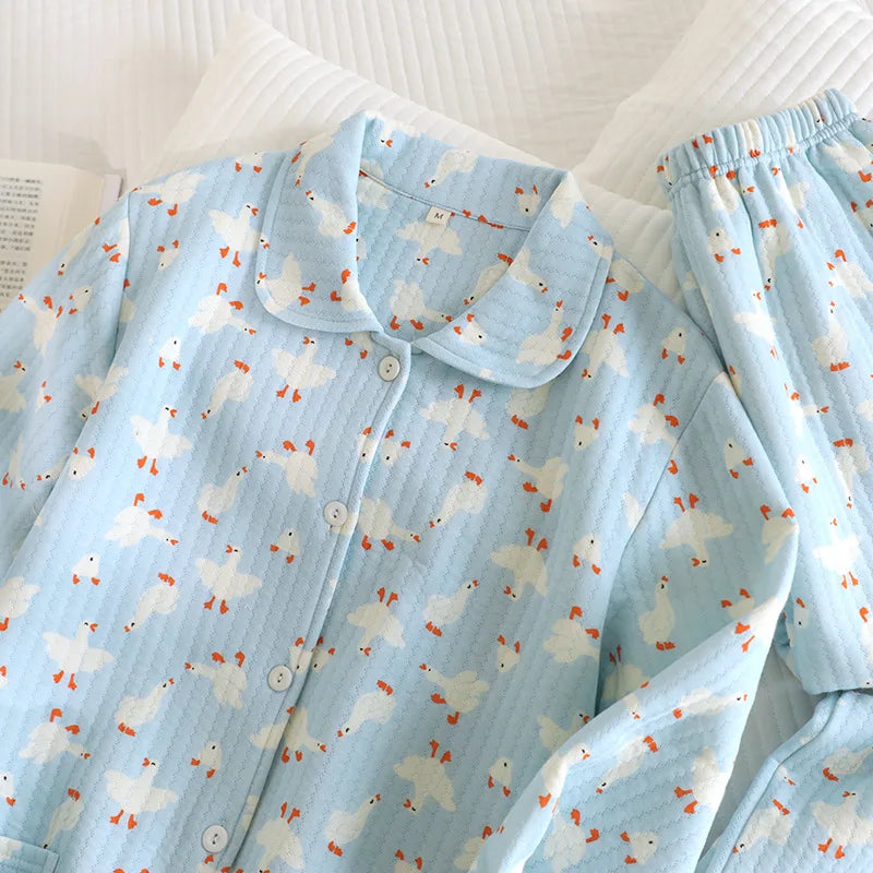 Women's Cotton Padded Air Layer Pure Cotton Home Clothes Lapel Long Sleeved Pants Sleepwear Autumn and Winter New Women Clothing
