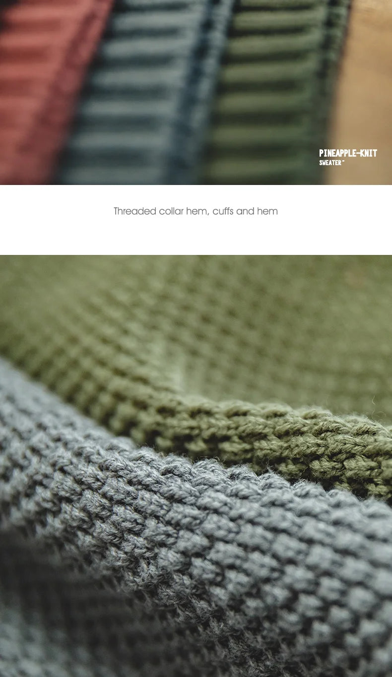 Maden Workwear Men's Vintage Heavyweight Grey Pineapple Pattern Sweater Thickened Round Neck Lazy Autumn Knit