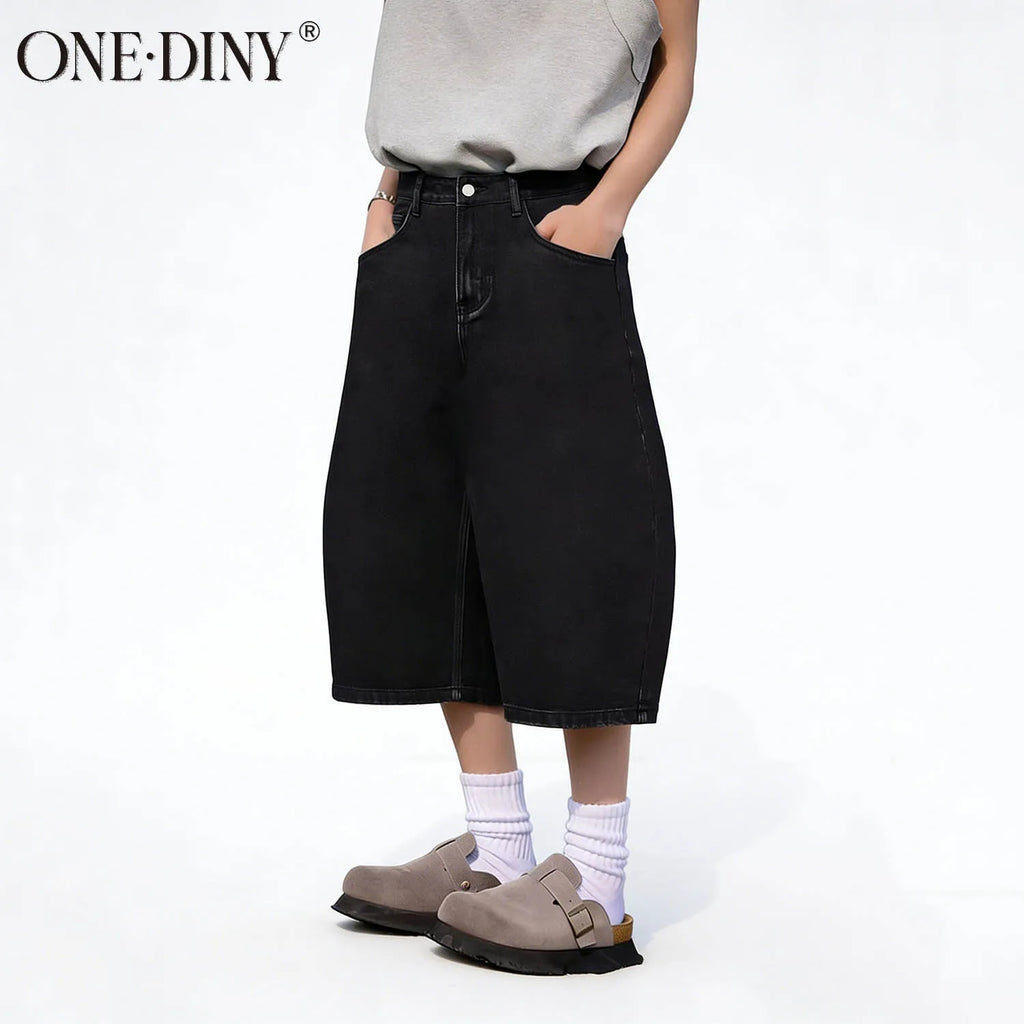 ONE·DINY American Style Retro Black Ultra Baggy Machete Wide Leg Denim Shorts Fashion Men's Women's Daily Jeans Capris Jeans