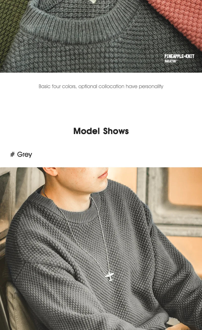 Maden Workwear Men's Vintage Heavyweight Grey Pineapple Pattern Sweater Thickened Round Neck Lazy Autumn Knit