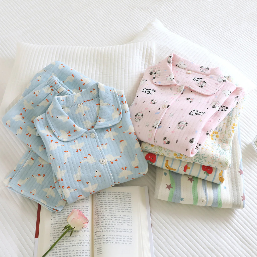 Women's Cotton Padded Air Layer Pure Cotton Home Clothes Lapel Long Sleeved Pants Sleepwear Autumn and Winter New Women Clothing
