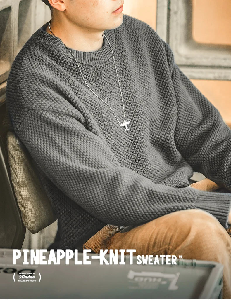 Maden Workwear Men's Vintage Heavyweight Grey Pineapple Pattern Sweater Thickened Round Neck Lazy Autumn Knit