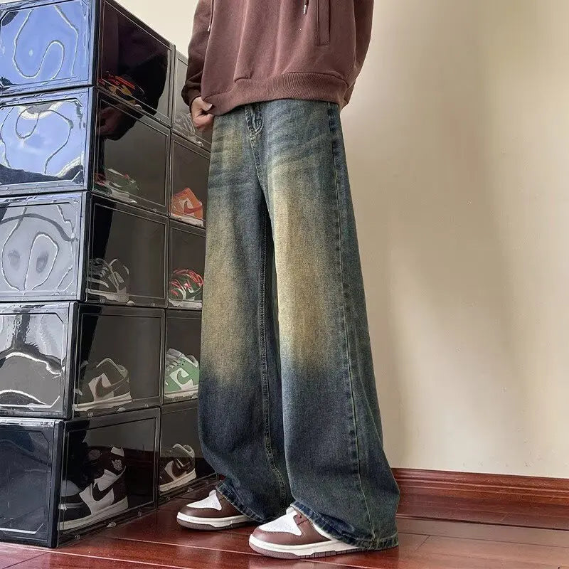 New Bent Knife Jeans for Men American Retro Washed Distressed Wide Leg Pants Four Seasons Loose Straight Leg Feelin Street Jeans