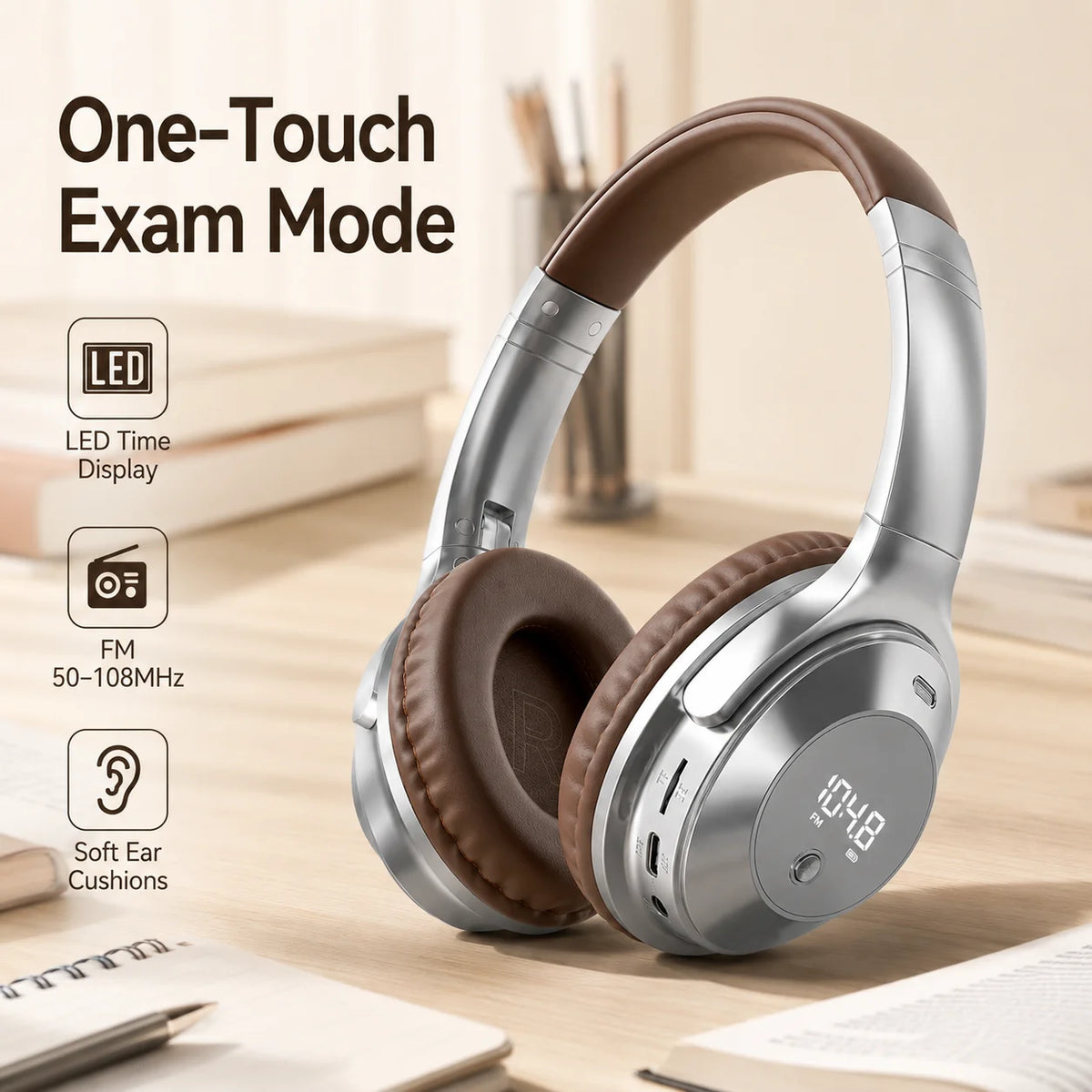 Headphones Exam FM Radio Bluetooth 6.0 Over-Ear Headset 12H Playtime LED Display TF Card AUX Type-C for English Listening