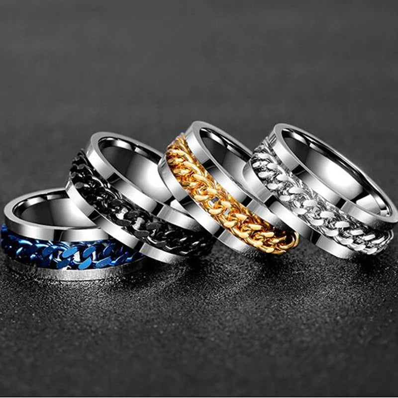 Freeteeme Cool Rotatable Chain Men Ring Stainless Steel High Quality Spinner Roman Numerals Punk Women Ring Jewelry Party Gift