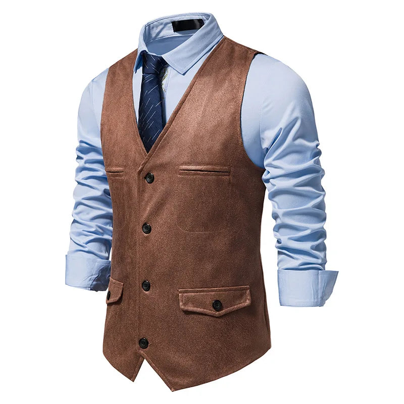 Fashion Men Clothing High Quality Suede Suit Vests Men's V Neck Sleeveless Business Formal Waistcoats Wedding Party Dress Vests