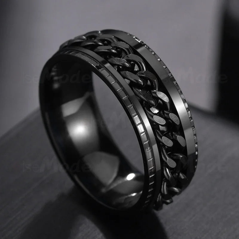 Freeteeme Cool Rotatable Chain Men Ring Stainless Steel High Quality Spinner Roman Numerals Punk Women Ring Jewelry Party Gift